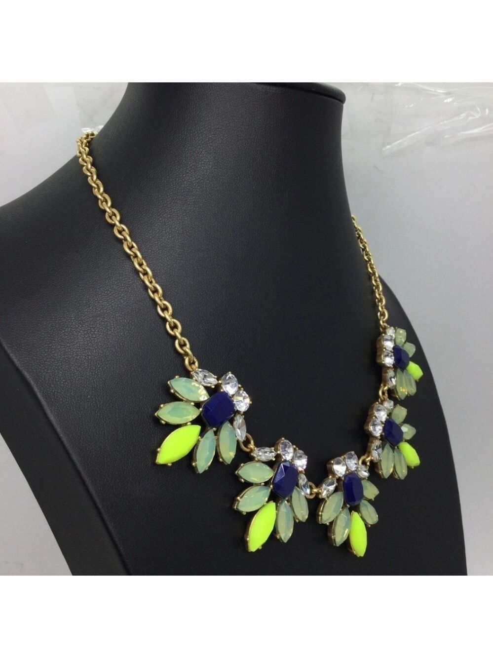 J. Crew Green/Blue Rhinestone Statement Necklace 18" - Picture 3 of 5